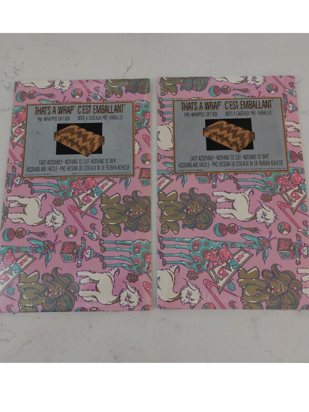 Vintage Pre Wrapped Gift Box Lot Mod Animals Baby Print Goat Lion Giraffe Aqua